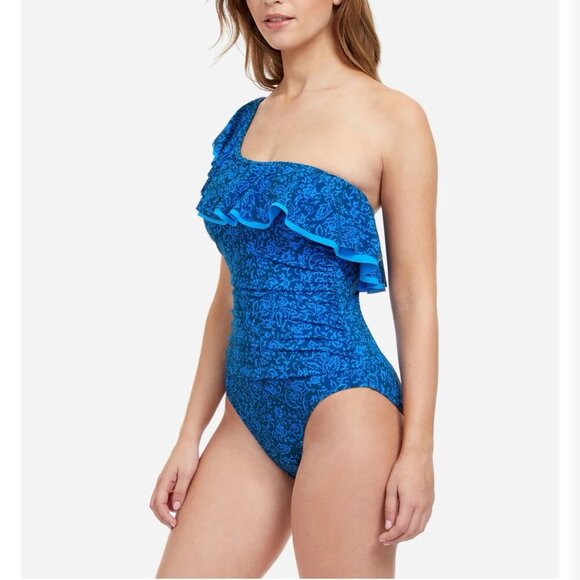Profile By Gottex Petrol Blue Mehndi One Shoulder Ruffle Swimsuit Womens Size 14 - Picture 4 of 16